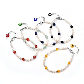 Natural Gemstone Beaded Bracelets, with Evil Eye Lampwork Beads, Natural Pearl Beads, Brass Beads and 304 Stainless Steel Lobster Claw Clasps