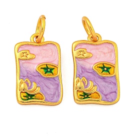 Rack Plating Brass Enamel Pendants, with Jump Ring, Long-Lasting Plated, Lead Free & Cadmium Free, Real 18K Gold Plated, Rectangle with Lotus Leaf Charm