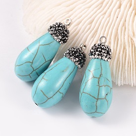 Синтетические бирюзовые подвески с каплевидным вырезом, с полимерной глины горный хрусталь и выводы из латуни платины, 29~30x12 мм, отверстие : 1.5 мм