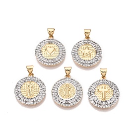 Латунные микропаве прозрачные подвески с фианитом, плоские круглые прелести, два тона