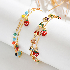 Bohemian Brass Enamel Red Strawberry Charm Plastic Beaded Chain Double Layer Anklets for Beach Vacation, Golden