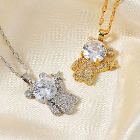 Brass Clear Cubic Zirconia Shiny 3D Bear Pendant Necklaces