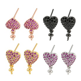 Rack Plating Brass Micro Pave Cubic Zirconia Stud Earring Finding, Cadmium Free & Lead Free, Long-Lasting Plated, Heart