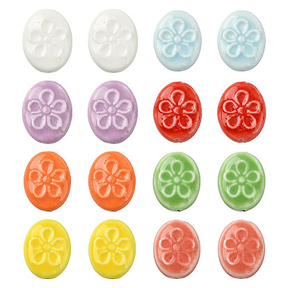 16Pcs 8 Colors Handmade Porcelain Ceramic Beads, Oval with Flower Pattern, Bright Glazed Porcelain