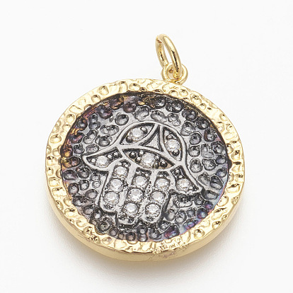 Латунные микро проложить кубического циркония подвески, без свинца, без кадмии и без никеля, плоский круглый с hamsa рука / рука fatima / рука miriam