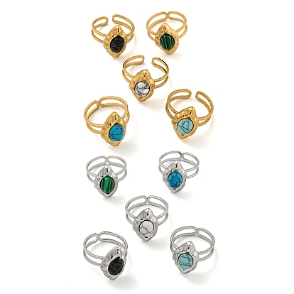 304 открытые манжеты из нержавеющей стали, Овальные кольца на палец из синтетического малахита и бирюзы для женщин и мужчин