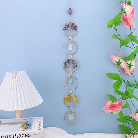 Ловцы солнца в виде дерева жизни, обмотанного латунной проволокой из натуральной смеси камней., железное кольцо для подвешивания на окно