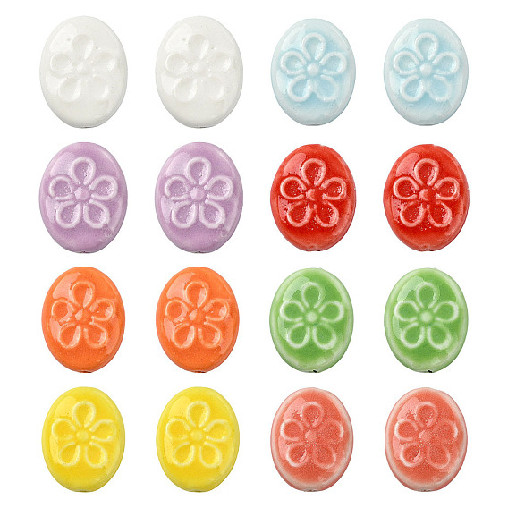 16Pcs 8 Colors Handmade Porcelain Ceramic Beads, Oval with Flower Pattern, Bright Glazed Porcelain