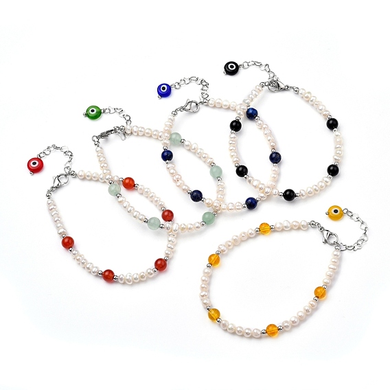 Natural Gemstone Beaded Bracelets, with Evil Eye Lampwork Beads, Natural Pearl Beads, Brass Beads and 304 Stainless Steel Lobster Claw Clasps