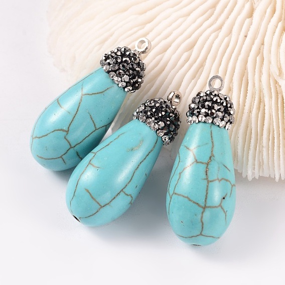 Синтетические бирюзовые подвески с каплевидным вырезом, с полимерной глины горный хрусталь и выводы из латуни платины, 29~30x12 мм, отверстие : 1.5 мм