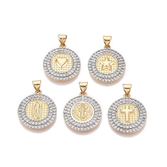 Латунные микропаве прозрачные подвески с фианитом, плоские круглые прелести, два тона