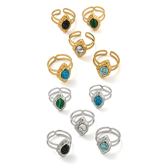 304 открытые манжеты из нержавеющей стали, Овальные кольца на палец из синтетического малахита и бирюзы для женщин и мужчин