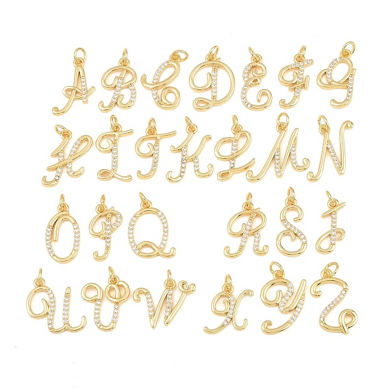 Brass Micro Pave Clear Cubic Zirconia Pendants, Letter A~Z Charms, Cadmium Free & Lead Free, Rack Plating, Long-Lasting Plated