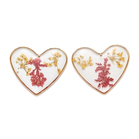 Epoxy Resin Pendants, with Alloy Findings and Dried Flower Inside, Heart