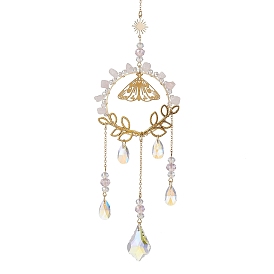 Brass Butterfly & Natural Rose Quartz Chips Pendant Decorations, Glass Teardrop Tassel for Home Decorations