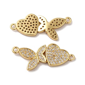 Eco-Friendly Rack Plating Brass Micro Pave Clear Cubic Zirconia Connector Charms, Long-Lasting Plated, Lead Free & Cadmium Free, Butterfly with Heart