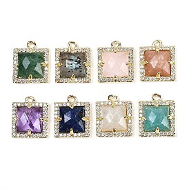 Natuarl Gemstone Faceted Square Charms, Rack Plating Brass Micro Pave Clear Cubic Zirconia Charms, Golden