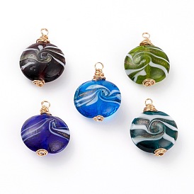 Handmade Gold Sand Lampwork  Pendants, with Copper Wire Findings, Flat Round