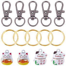 Сделай сам наборы для ключей, включая латунные колокольчики в виде счастливых кошек, Поворотные застежки из цинкового сплава и разъемные брелоки из железа.