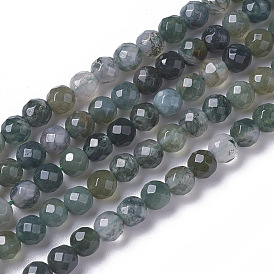 Natural Moss Agate Beads Strands, Faceted, Round