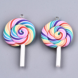 Breloques en pâte polymère faites main, avec les accessoires en fer de tonalité de platine, pour noël, lollipop, colorées, 47.5~53x27~28x7mm, Trou: 2mm