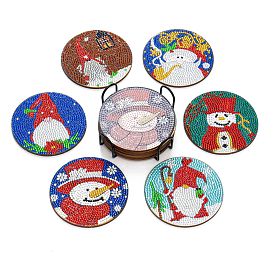 Christmas Theme Flat Round DIY Coaster Diamond Painting Kits, Including Wood Boards, Resin Rhinestones, Diamond Sticky Pens, Tray Plates and Glue Clay