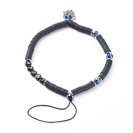 Polymer Clay Heishi Beaded Mobile Straps, with Acrylic Enamel Beads, Glass Beads and Alloy Beads, Word Lucky, Hamsa Hand with Evil Eye, Golden