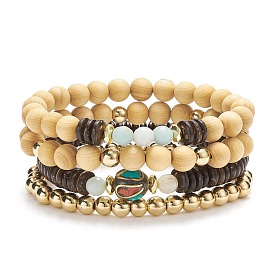 4Pcs 4 Style Natural Flower Amazonite & Synthetic Hematite & Wood Stretch Bracelets Set with Indonesia Beaded, Gemstone Jewelry for Women