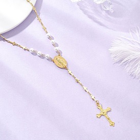 Ожерелья из круглых белых жемчужин и латунных бусин-четок, ожерелья из сплава с подвеской в виде креста для женщин