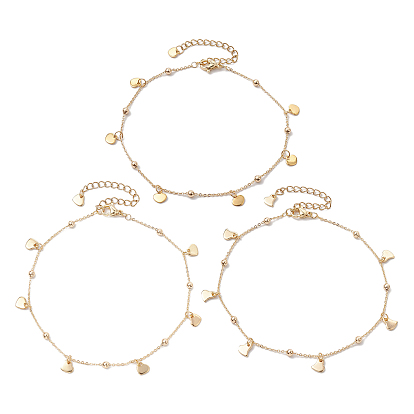 3Pcs 3 Styles Brass Cable Chain Anklets, Satellite Chains, Heart Charm Anklets