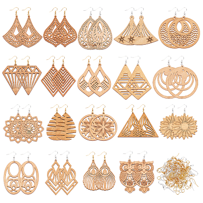Kits para hacer aretes de madera cortados con láser en pares, incluyendo 19 estilos colgantes grandes, 19 pcs anillos del salto de hierro, 100 de las PC de bronce ganchos pendiente