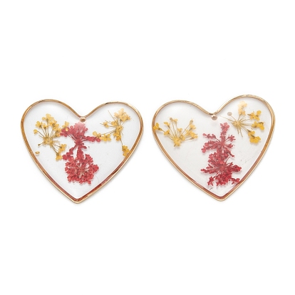 Epoxy Resin Pendants, with Alloy Findings and Dried Flower Inside, Heart