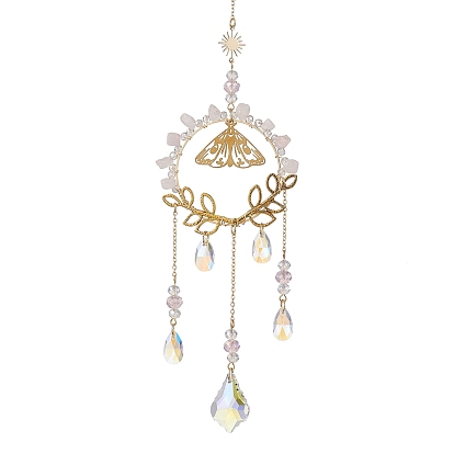 Подвески из латуни в виде бабочки и натуральной крошки розового кварца, стеклянная каплевидная кисточка для украшения дома