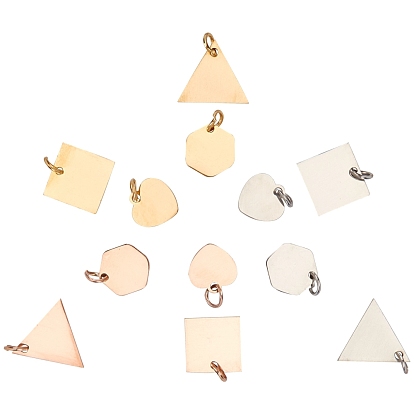 12Pcs 4 Style 3 Colors 201 Stainless Steel Stamping Blank Tag Charms, Mirror Polished Finish, Mixed Shapes