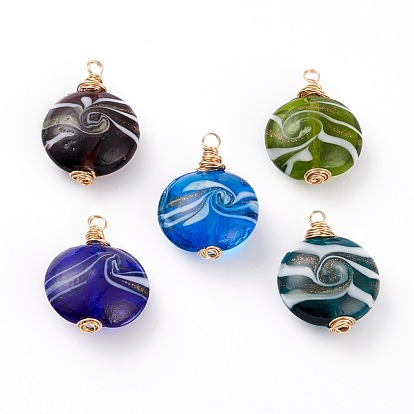 Handmade Gold Sand Lampwork  Pendants, with Copper Wire Findings, Flat Round