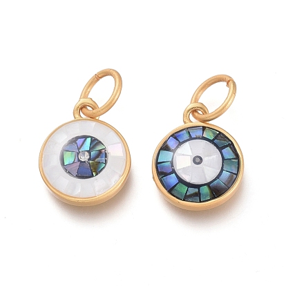 Natural White Shell & Black Lip Shell Charms, with Brass Findings, Cubic Zirconia and Jump Rings, Flat Round, Matte Style, Matte Gold Color