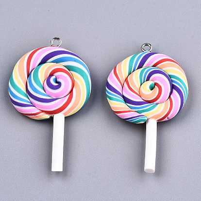 Breloques en pâte polymère faites main, avec les accessoires en fer de tonalité de platine, pour noël, lollipop, colorées, 47.5~53x27~28x7mm, Trou: 2mm