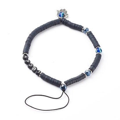 Polymer Clay Heishi Beaded Mobile Straps, with Acrylic Enamel Beads, Glass Beads and Alloy Beads, Word Lucky, Hamsa Hand with Evil Eye, Golden
