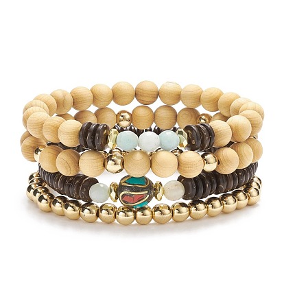 4Pcs 4 Style Natural Flower Amazonite & Synthetic Hematite & Wood Stretch Bracelets Set with Indonesia Beaded, Gemstone Jewelry for Women