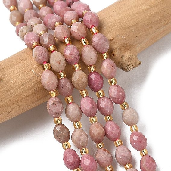 Природные родонит бисер нитей, граненые, рис, с бисером