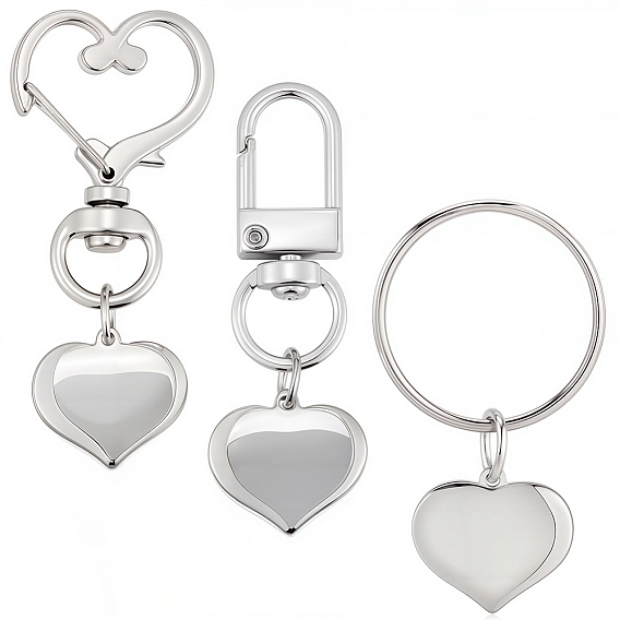 9 шт. 3 стилей 304 брелоки из нержавеющей стали, сердце, с цинкового сплава, платина