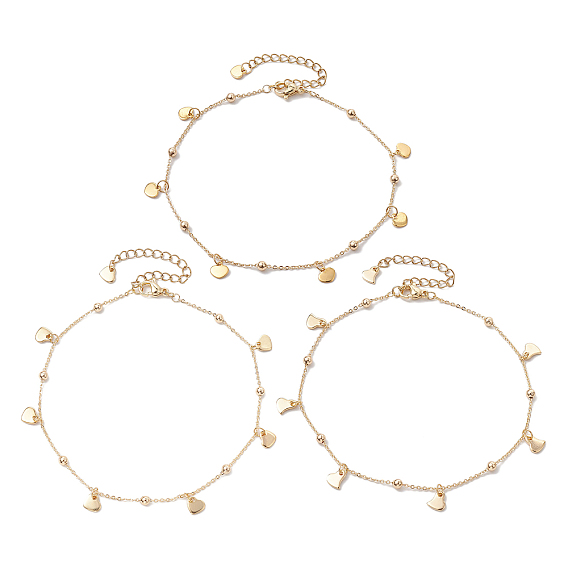 3Pcs 3 Styles Brass Cable Chain Anklets, Satellite Chains, Heart Charm Anklets