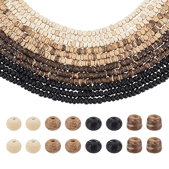 12 Strands 4 Colors Coconut Wood Bead Strands, Flat Round