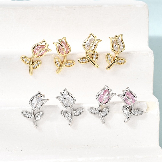 Micro cuivres ouvrent zircone cubique boucles d'oreille, fleur, sans plomb et sans cadmium, crémaillère plaquage, plaqué longue durée