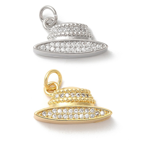 Rack Plating Brass Clear Cubic Zirconia Pendants, with Jump Ring, Long-Lasting Plated, Cadmium Free & Lead Free, Hat Charms