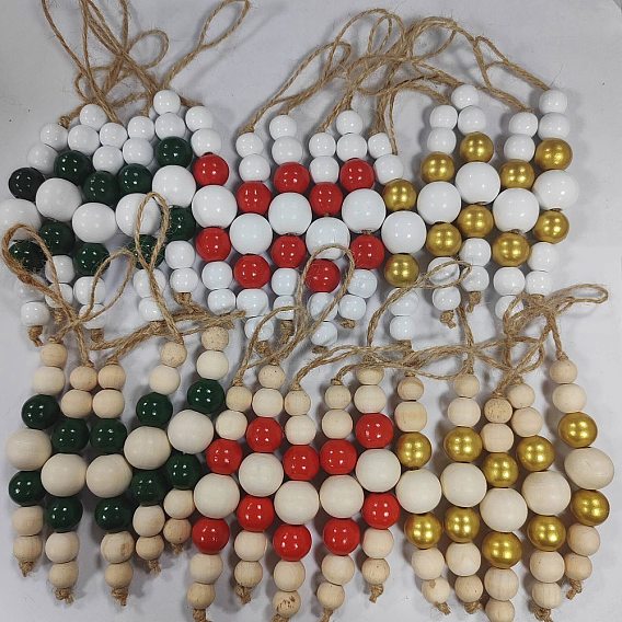 30 Stück 6 Farben Holzperlen-Anhängerdekorationen, Juteschnur, hängende Ornamente