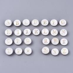 Natural Freshwater Shell Beads, with Golden Plated Brass Etched Metal Embellishments, Flat Round with Letter, Alphabet, Seashell Color