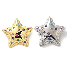 Rack Plating Brass Micro Pave Clear Cubic Zirconia Charm, with Enamel, Long-Lasting Plated, Cadmium Free & Lead Free, Star