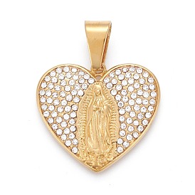 304 Stainless Steel Lady of Guadalupe Pendants, with Crystal Rhinestone, Heart with Virgin Mary