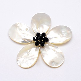 Natural White Shell Mother of Pearl Shell Flower Big Pendants, with Platinum Plated Brass Findings and Faceted Rondelle Glass Beads